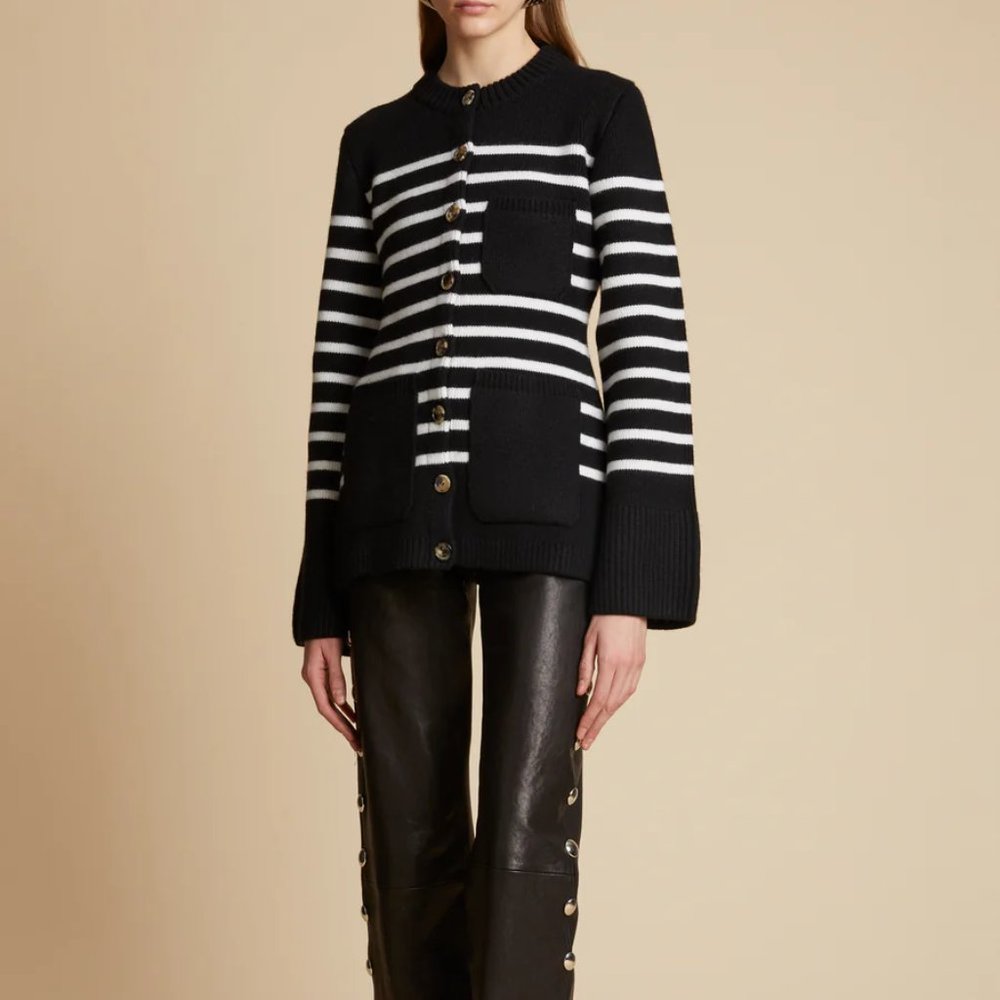 Khaite Suzette Stripe Cashmere Cardigan in black/ White - Picture 3 of 11